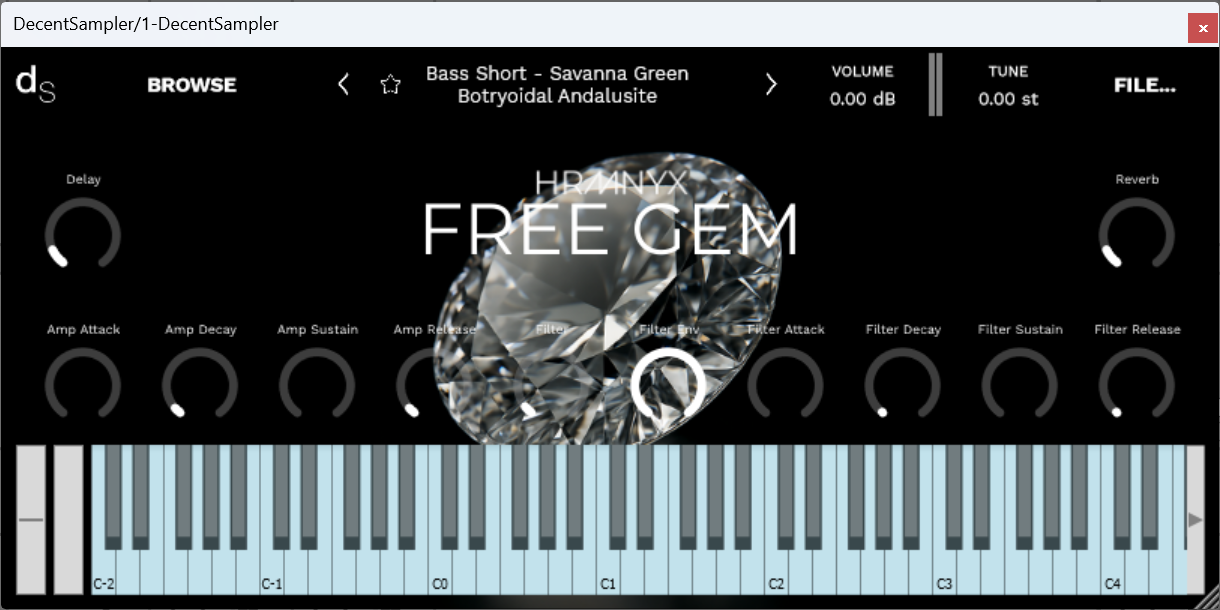 A screenshot of the Free Gem Sample Library instrument interface in Decent Sampler.